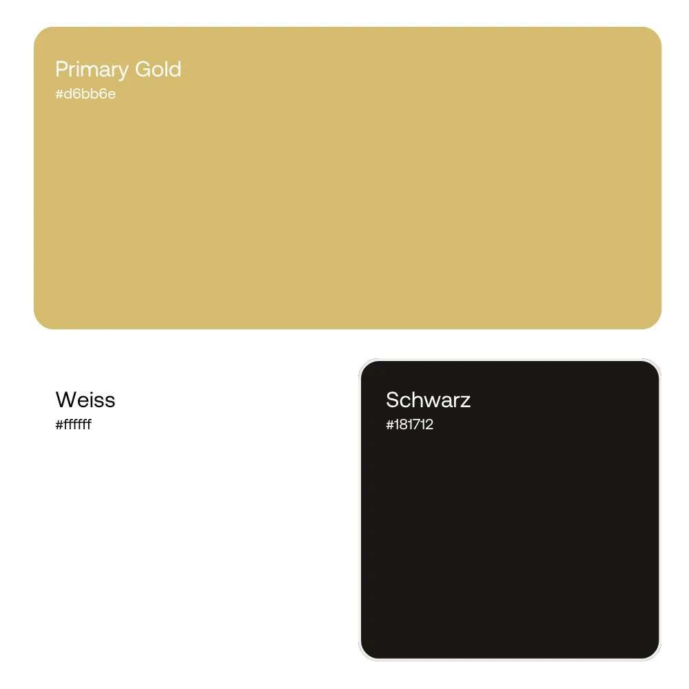 Farbschema mit drei Farben: Oben ein großes Rechteck in Gold mit der Beschriftung „Primary Gold“ und dem Hex-Code #d6bb6e. Unten links steht „Weiss“ mit dem Hex-Code #ffffff, daneben rechts ein schwarzes Quadrat mit abgerundeten Ecken und der Beschriftung „Schwarz“ und dem Hex-Code #181712.