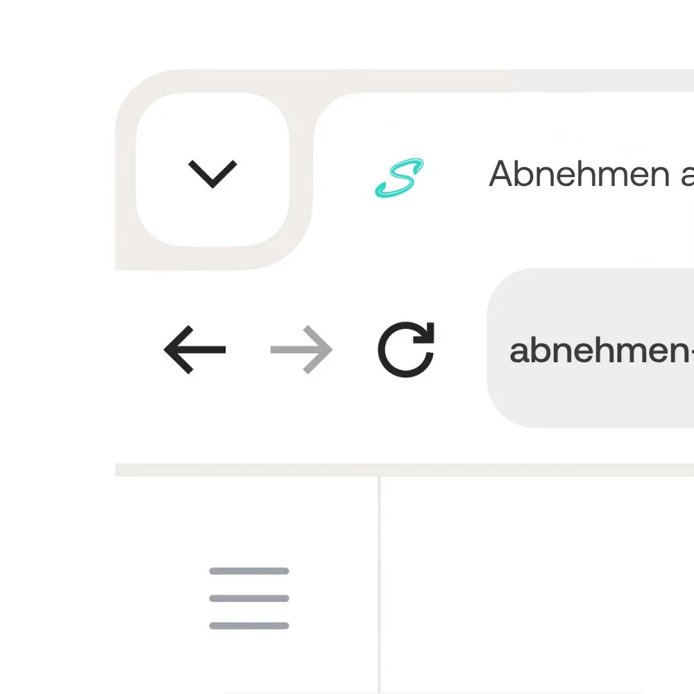 Ausschnitt einer mobilen Browser-Ansicht: Oben links ein Pfeil-Symbol nach unten, daneben ein türkisfarbenes „S“-Logo und ein Tab-Titel. Darunter die Symbole für Zurück, Vorwärts und Aktualisieren sowie ein Eingabefeld. Am unteren Rand ist teilweise ein Hamburger-Menü-Icon zu sehen.