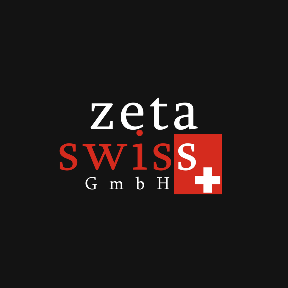 Logo mit dem weißen Schriftzug ‘zeta’, darunter der rote Schriftzug ‘swiss’. Rechts daneben ein rotes Quadrat mit weißem ‘S’ und weißem Kreuz. Unterhalb steht ‘GmbH’ in Weiß auf schwarzem Hintergrund.