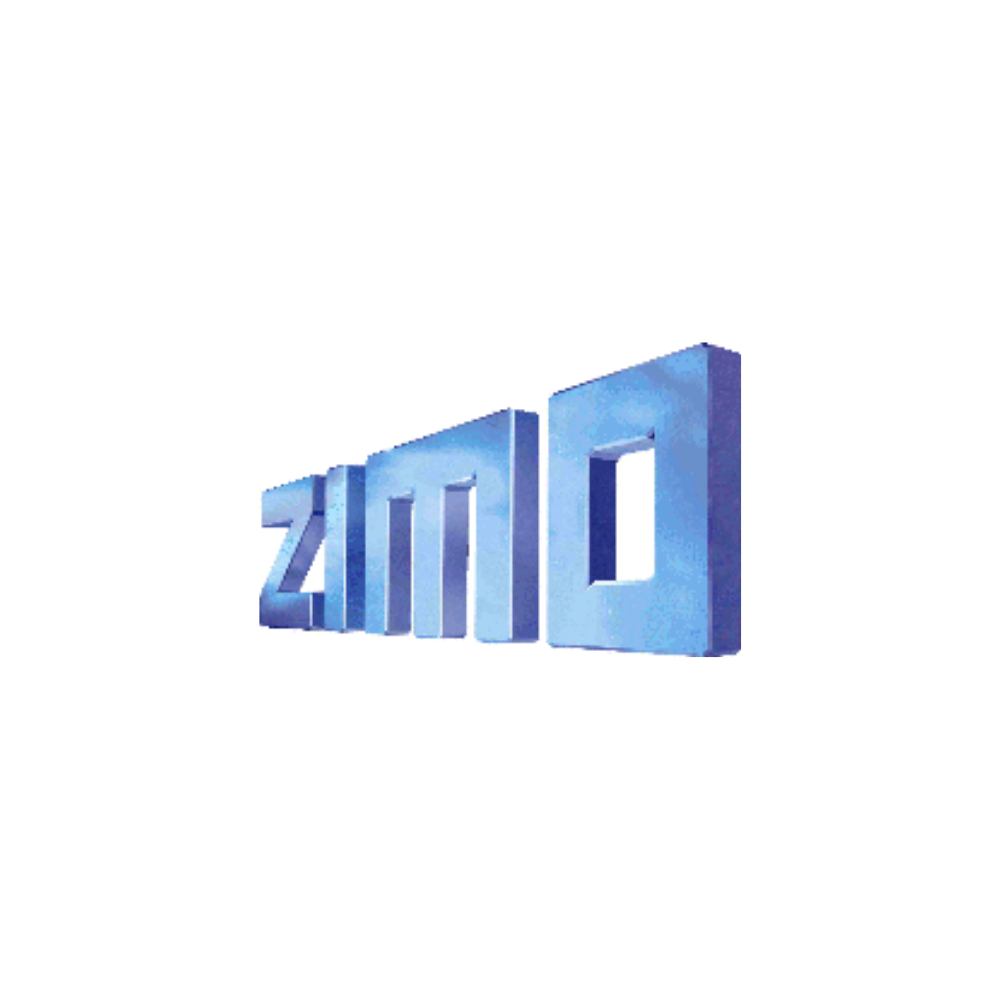 Blaues, dreidimensionales Logo mit dem Schriftzug ‘zimo’ in perspektivischer Darstellung