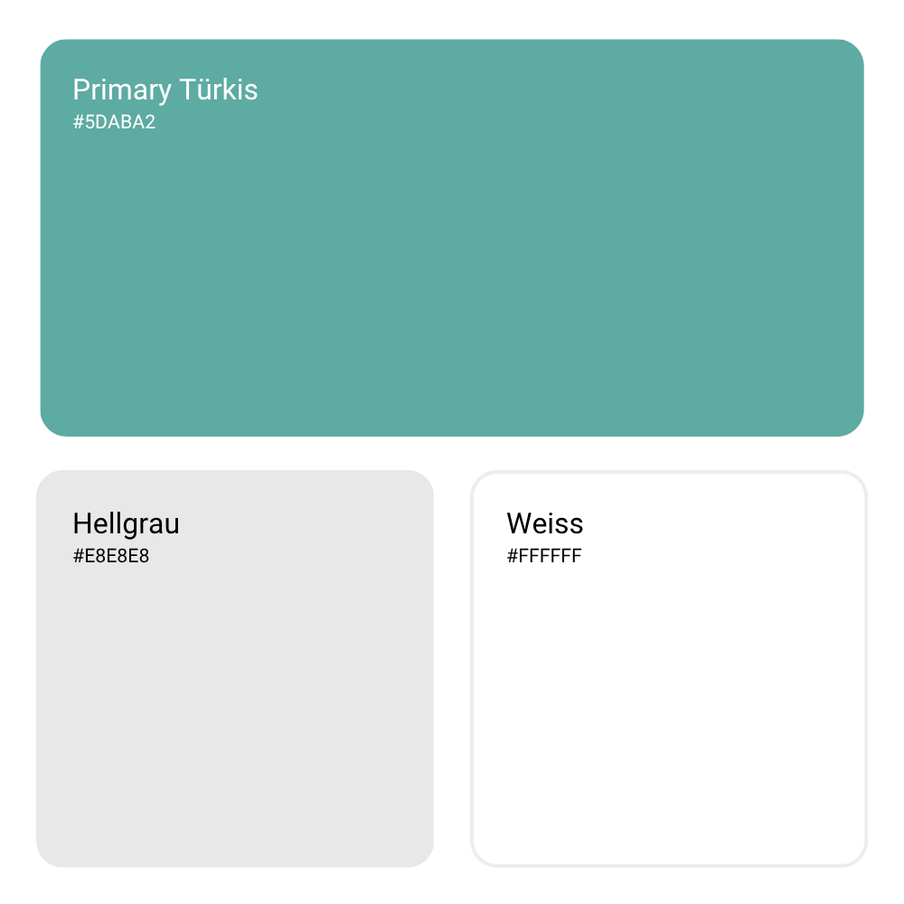 Farbschema der Stiftung Emilienheim mit drei Hauptfarben: Türkis (#5DABA2) als Primärfarbe, Hellgrau (#E8E8E8) und Weiss (#FFFFFF). Das Design vermittelt eine ruhige, freundliche und vertrauensvolle Atmosphäre.