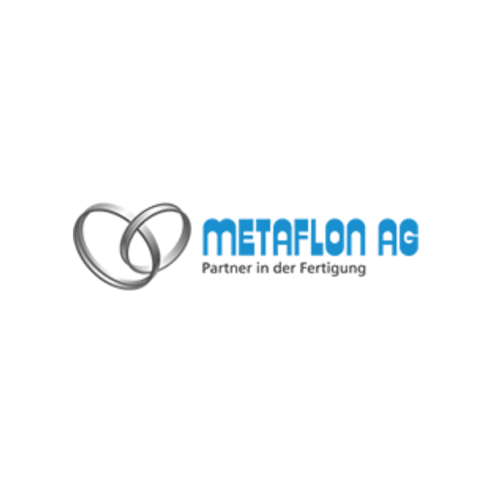 metaflon ag logo mit zwei verschlungenen metallringen links und blauem schriftzug rechts