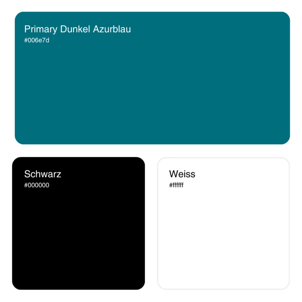 Farbpalette mit primaer dunkel azurblau schwarz und weiss in abgerundeten flaechen mit farbbezeichnungen