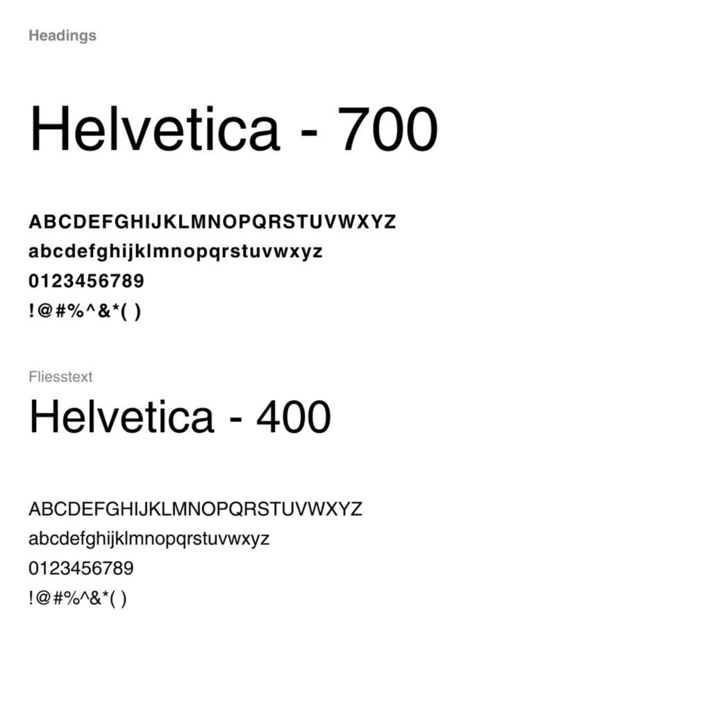 Typografie Uebersicht mit Schrift Helvetica fuer Headings und Fliesstext in verschiedenen Schriftschnitten mit Alphabet und Zahlen