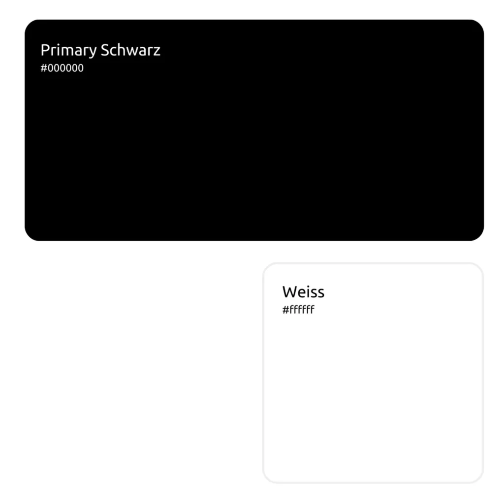 Farbpalette mit schwarzer Primaerfarbe sowie weiss als Kontrastfarbe.