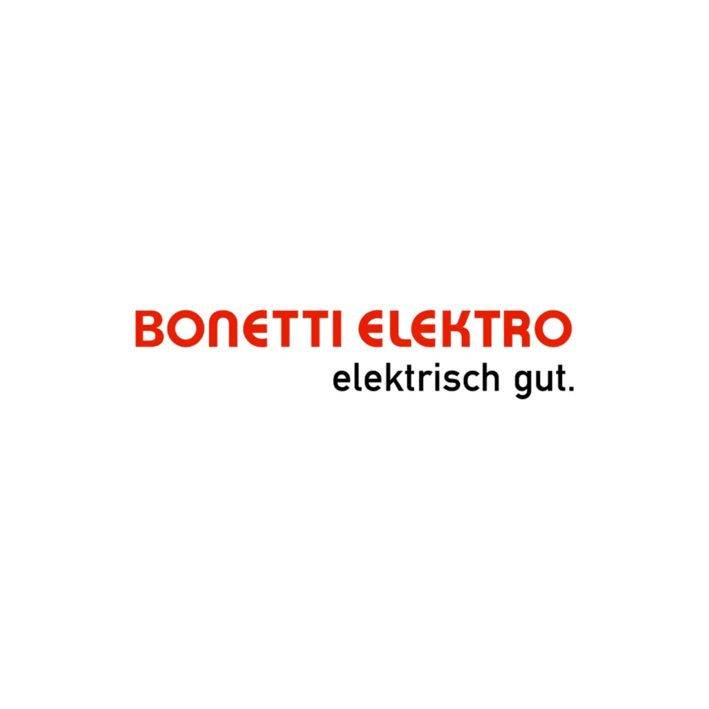 Bonetti Elektro Logo mit rotem Schriftzug und schwarzem Claim elektrisch gut auf weissem Hintergrund.