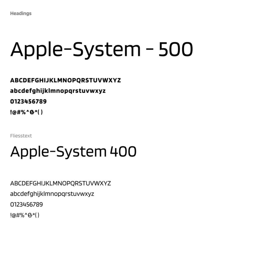 Typografie Uebersicht mit Schrift Apple System fuer Headings und Fliesstext in verschiedenen Schriftschnitten mit Alphabet und Zahlen