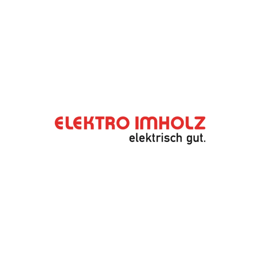 Firmenlogo Elektro Imholz mit rotem Schriftzug und dem Slogan elektrisch gut auf weissem Hintergrund.