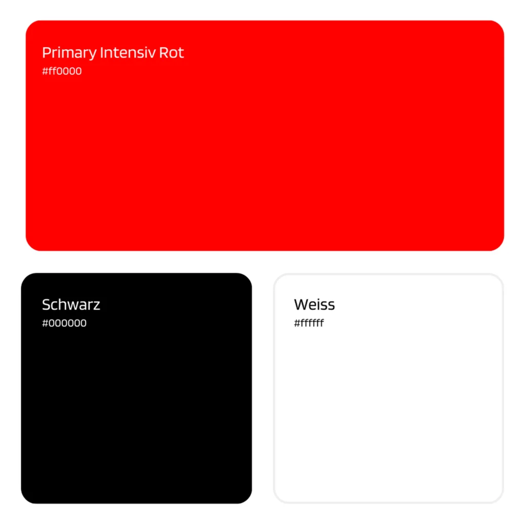 Farbpalette mit intensiver roter Primaerfarbe sowie schwarz und weiss als Kontrastfarben.