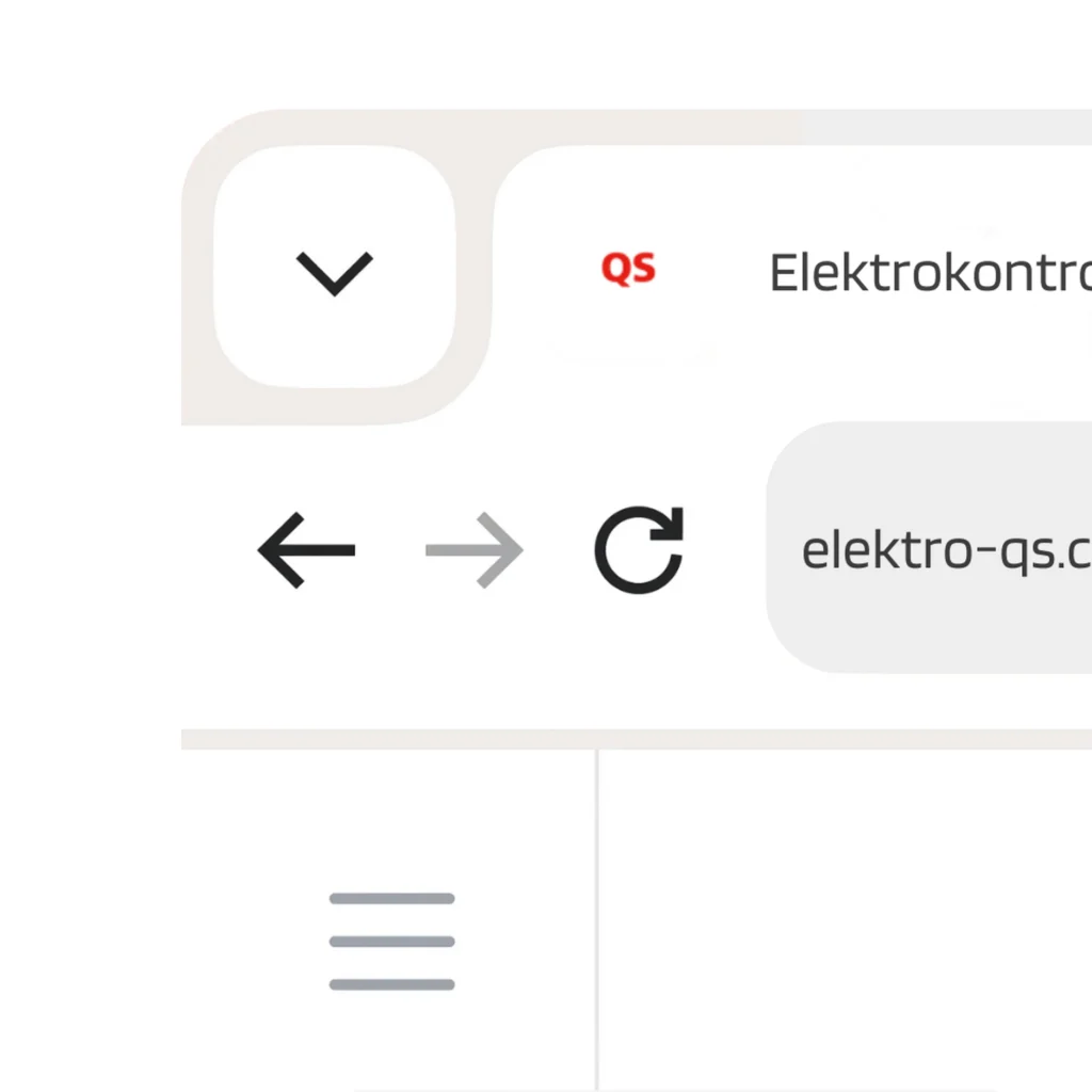 Benutzeroberflaeche mit Dropdown Symbol Navigationspfeilen Aktualisieren Icon Suchfeld und Menuesymbol fuer Elektro QS Webseite.