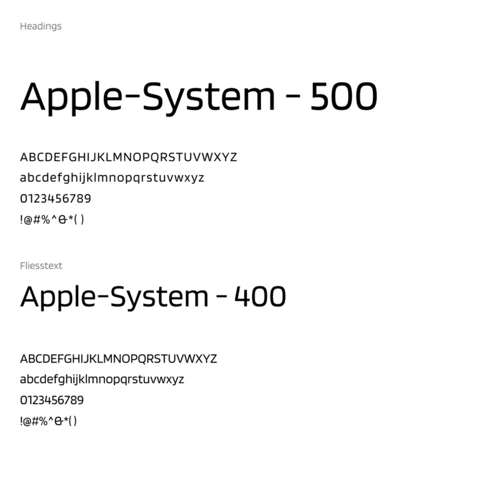 Typografieübersicht von Elektro QS mit der Schrift Apple System: Überschrift in Gewicht 500 und Fliesstext in Gewicht 400, dargestellt mit Gross- und Kleinbuchstaben, Zahlen sowie Sonderzeichen auf hellem Hintergrund.