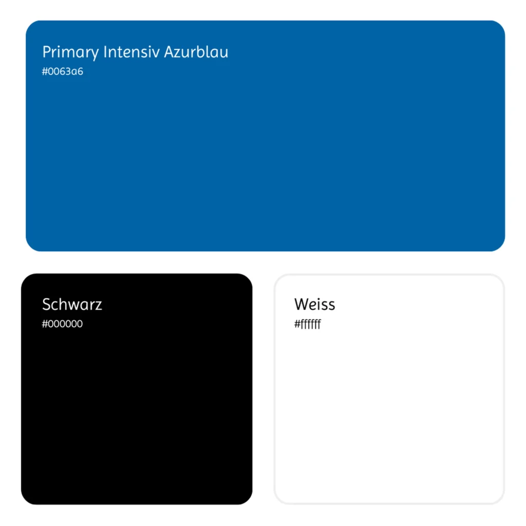Farbpalette von Filliger und Partner mit intensivem azurblau als Hauptfarbe sowie Schwarz und Weiss auf hellem Hintergrund.