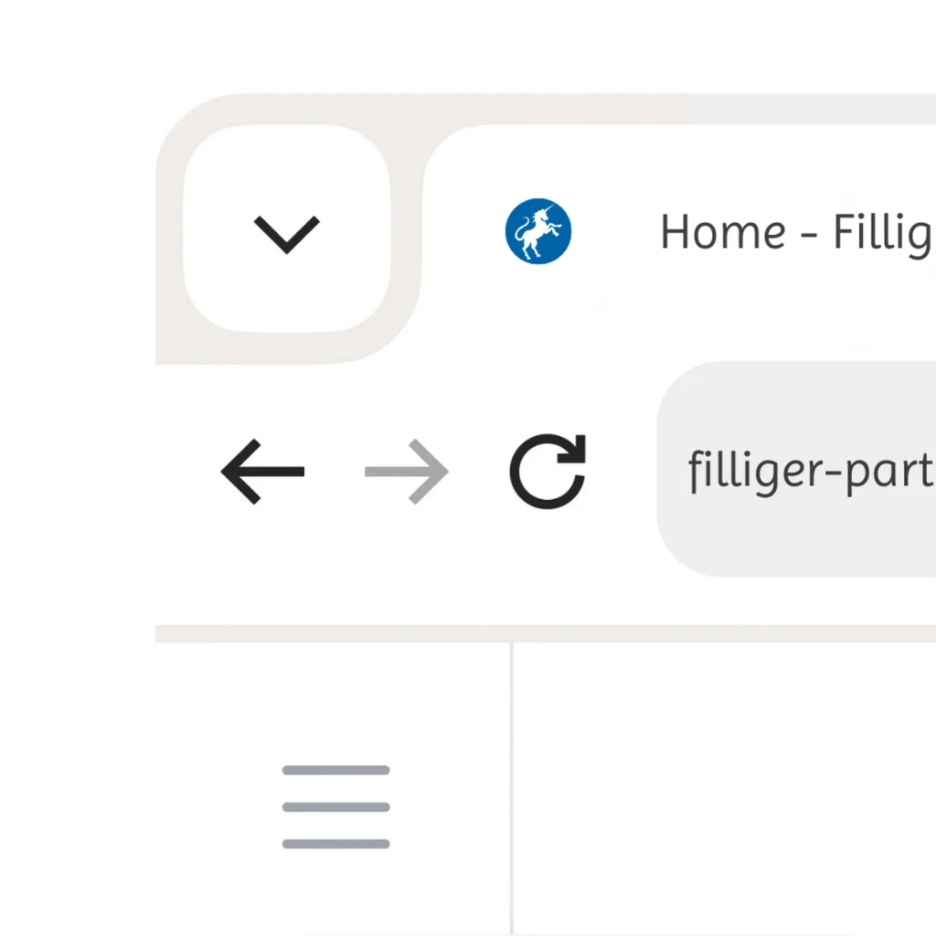 Benutzeroberflaeche mit Dropdown Symbol Navigationspfeilen Aktualisieren Icon Suchfeld und Menuesymbol fuer die Firmenwebseite Filliger und Partner.