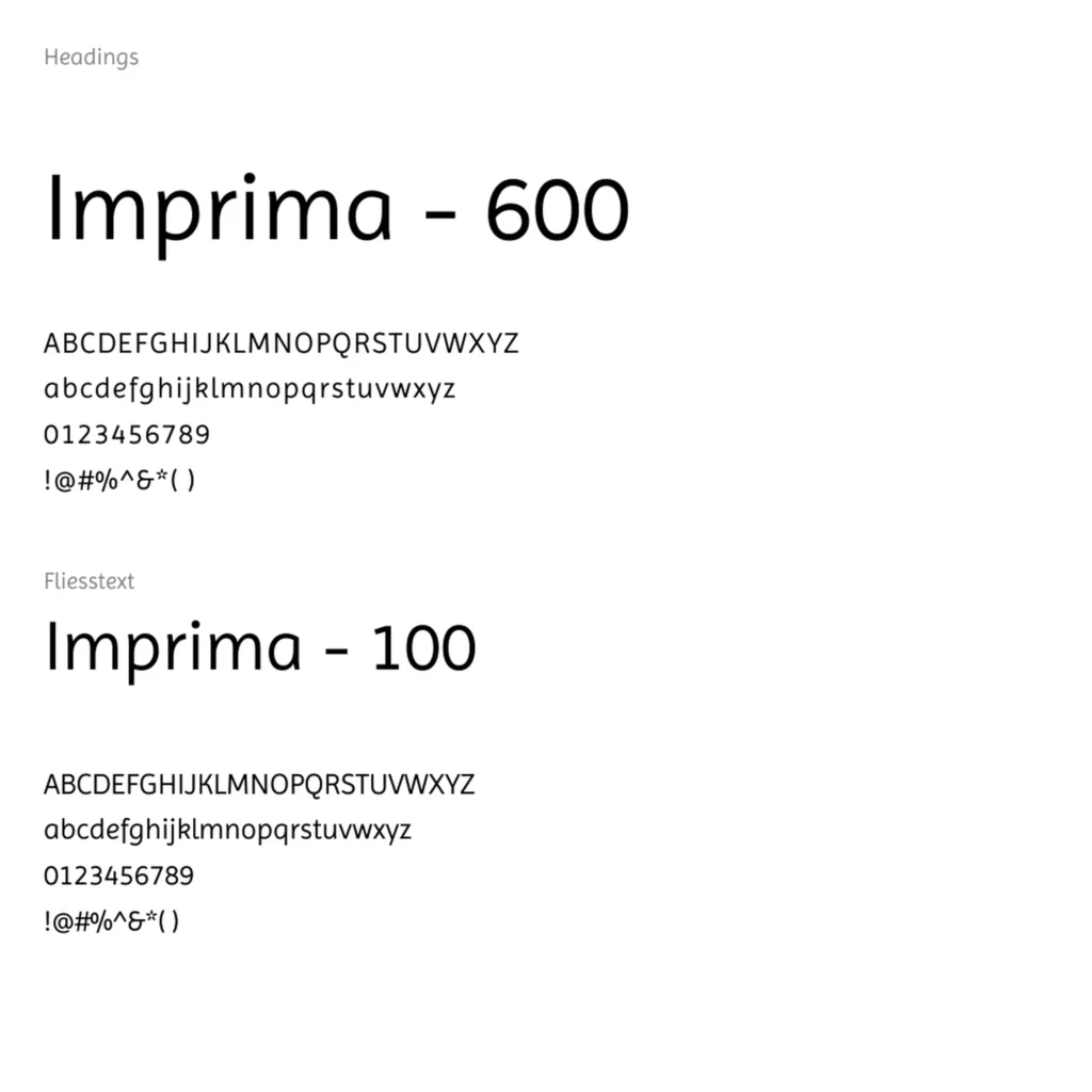 Typografieübersicht von Filliger und Partner mit der Schrift Imprima in unterschiedlichen Schnitten für Überschriften und Fliesstext, inklusive Alphabet, Zahlen und Sonderzeichen.