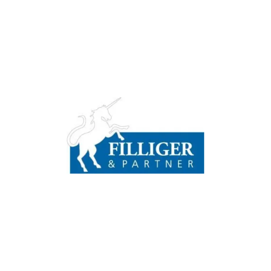 Logo von Filliger und Partner mit blauem Schriftzug und weissem Einhorn Symbol auf hellem Hintergrund.