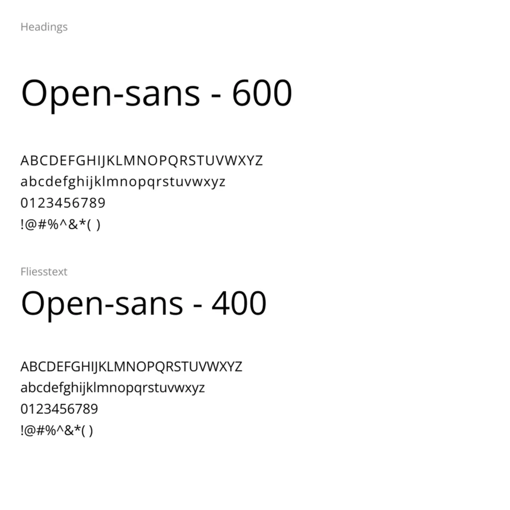 Typografieübersicht von Nadine Flück – Psychologische Beratung: Schriftart Open Sans mit Schriftschnitt 600 für Überschriften und 400 für Fließtext, dargestellt mit Groß- und Kleinbuchstaben, Zahlen sowie Sonderzeichen – modern, klar und gut lesbar.