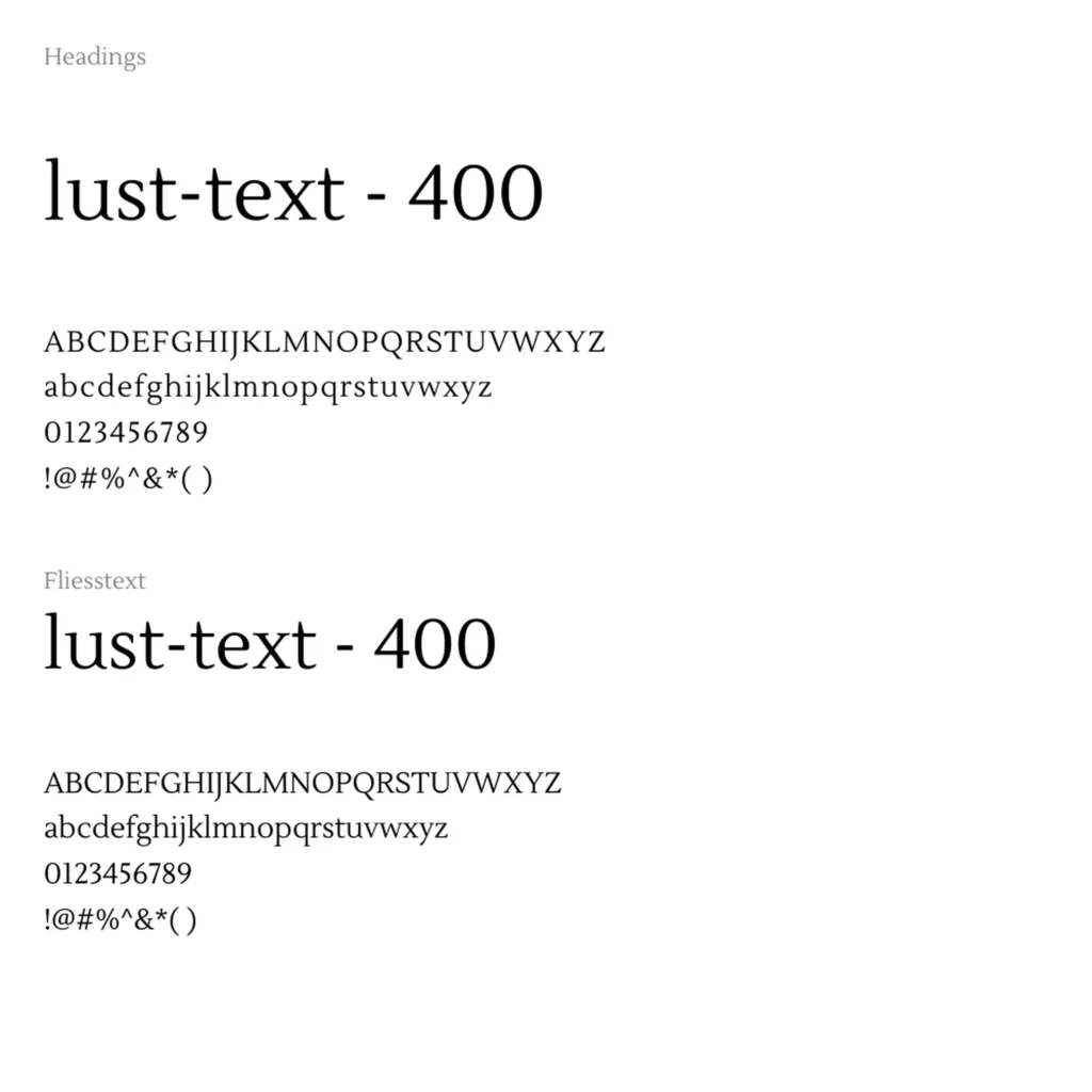 Typografie Uebersicht mit Schriftart Just Text fuer Ueberschriften und Fliesstext jeweils mit Beispielalphabet Zahlen und Zeichen.