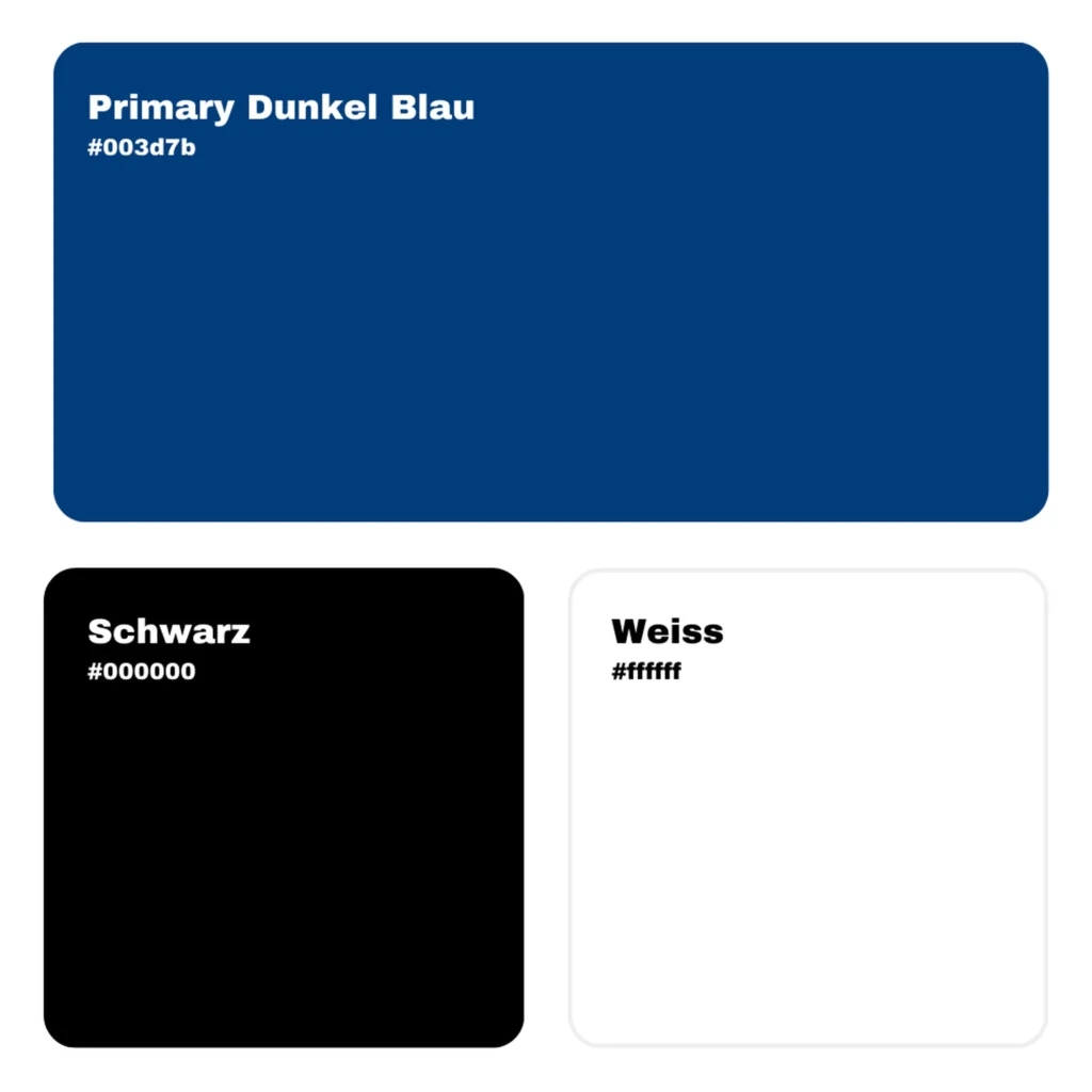 Farbpalette der HKV Handelsschule KV Schaffhausen mit Primärfarbe Dunkelblau (#003d7b) sowie den Zusatzfarben Schwarz (#000000) und Weiss (#ffffff).