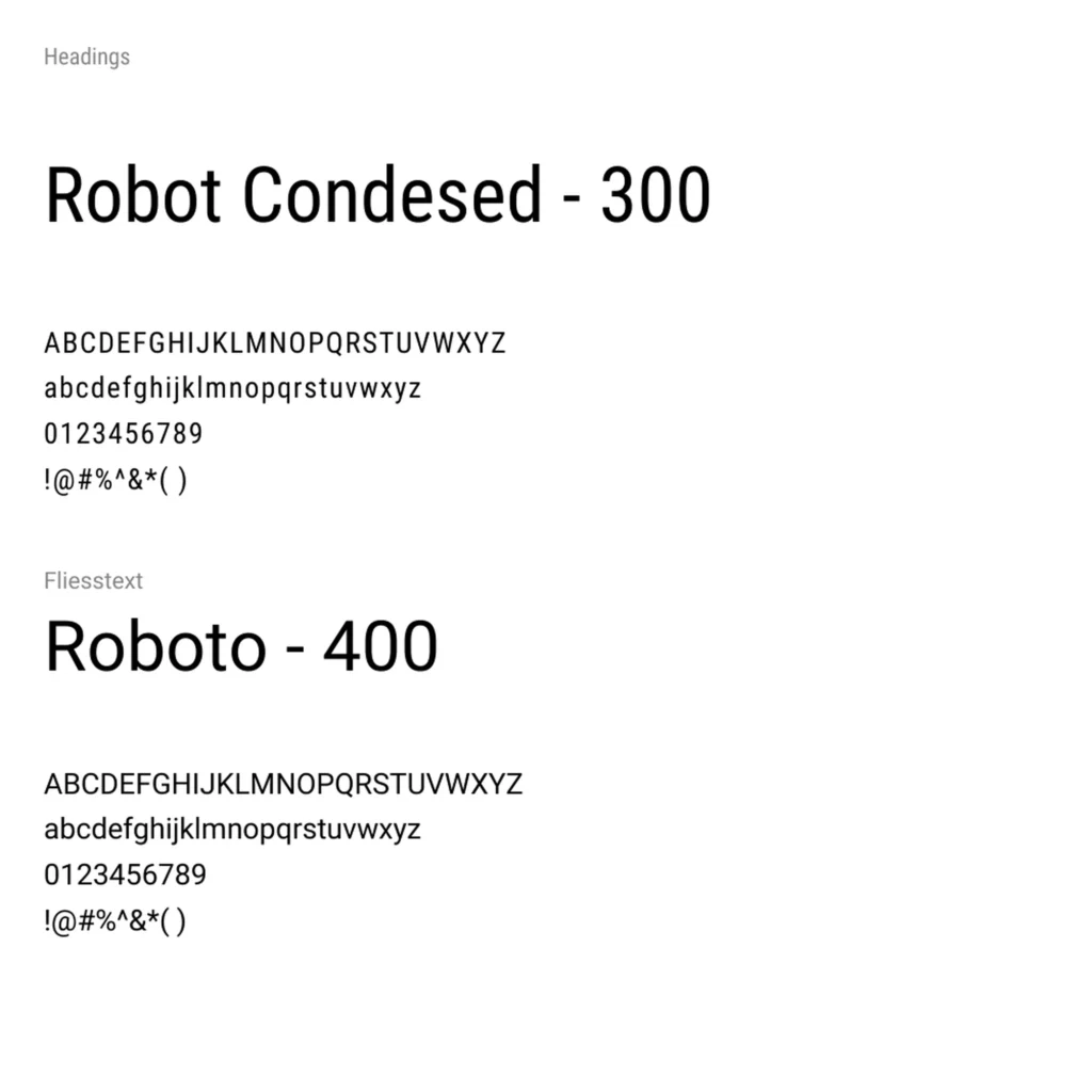 Typografie-Übersicht der Hackebeil GmbH: Überschriften in Roboto Condensed (Gewicht 300) und Fließtext in Roboto (Gewicht 400), jeweils mit Darstellung von Groß- und Kleinbuchstaben, Ziffern sowie Sonderzeichen.