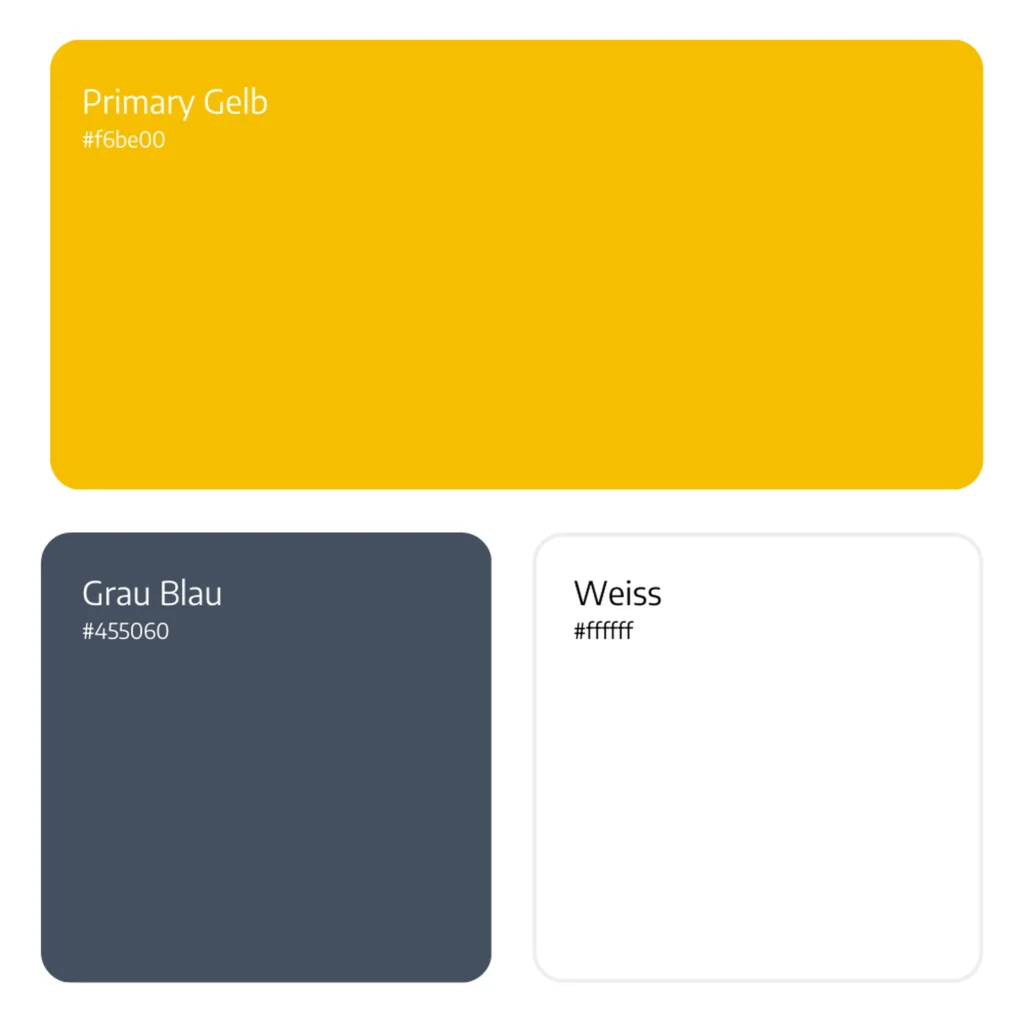 Farbpalette von Holzzange mit Primärfarbe Gelb (#f6be00), ergänzendem Grau-Blau (#455060) sowie Weiss (#ffffff).