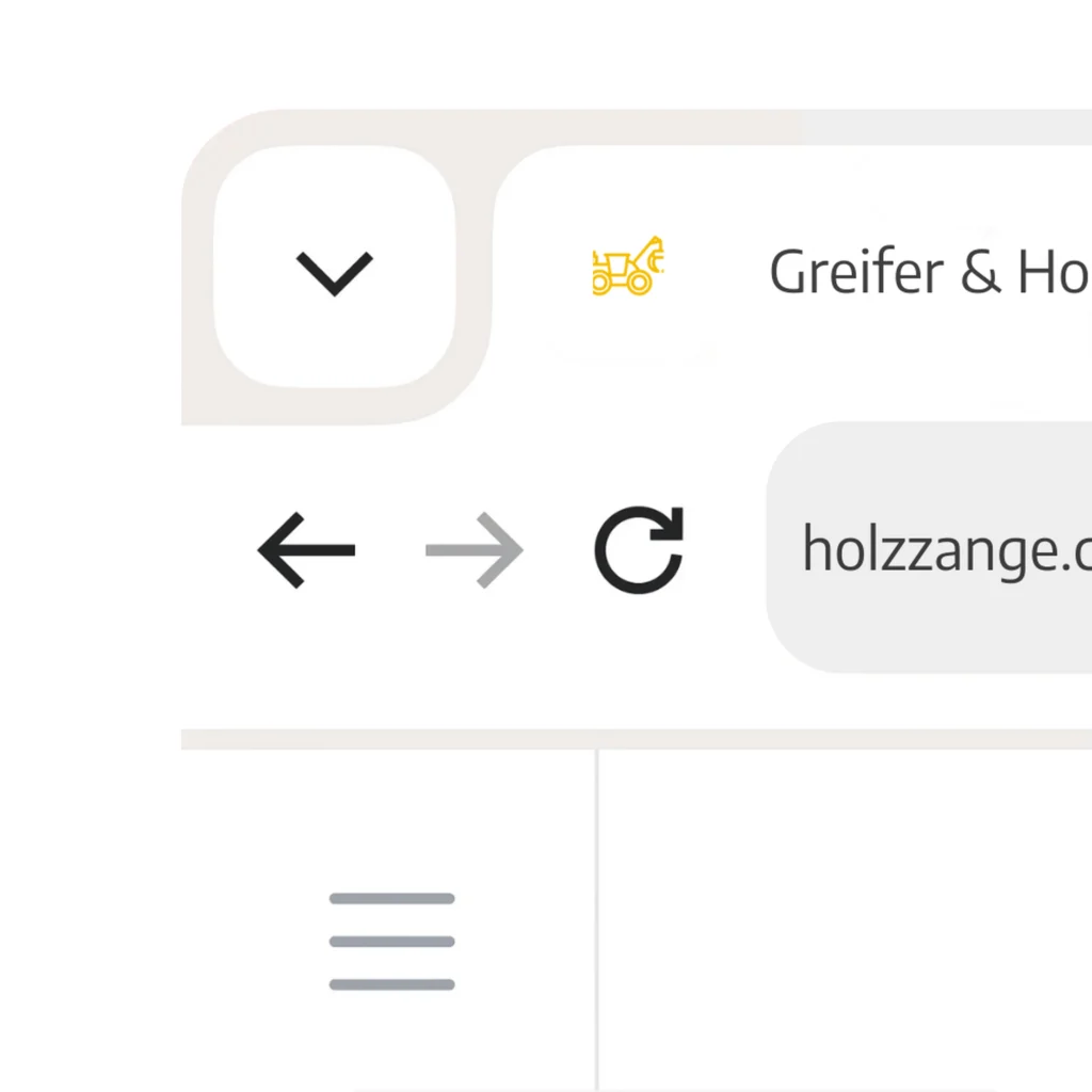 Favicon von Holzzange: Gelbes, minimalistisches Piktogramm eines Fahrzeugs mit Greifer (Holzgreifer) als Symbol für Greifer- und Holzzangen-Produkte.