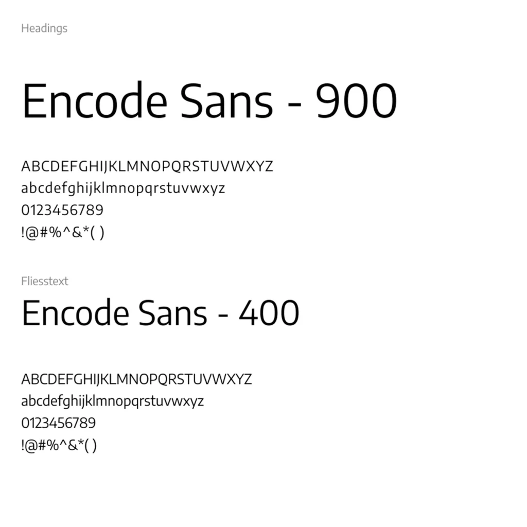Typografie von Holzzange mit der Schrift Encode Sans: Überschriften in Gewicht 900 und Fliesstext in Gewicht 400, dargestellt mit Gross- und Kleinbuchstaben, Zahlen sowie Sonderzeichen.