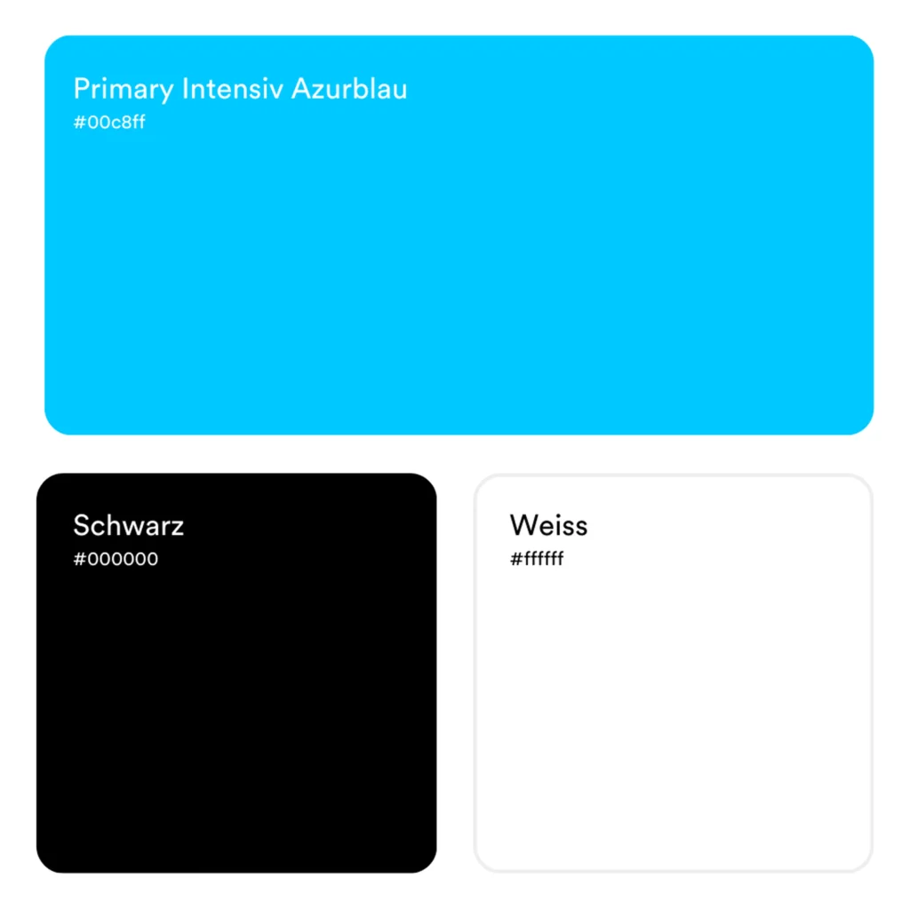 Farbpalette von Intelitec mit drei Hauptfarben: intensives Azurblau (#00c8ff) als Primärfarbe, Schwarz (#000000) und Weiß (#ffffff) auf hellem Hintergrund.
