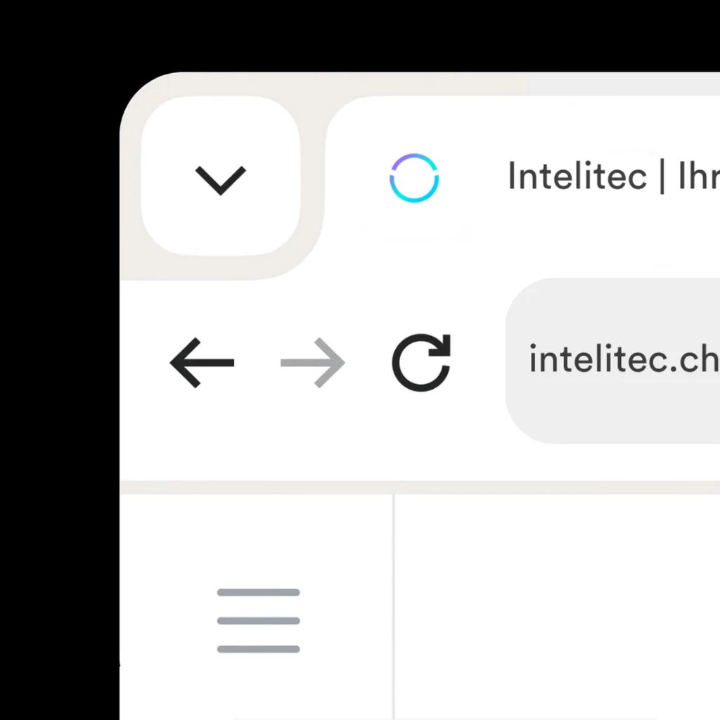 Benutzeroberflaeche mit Dropdown Symbol Navigationspfeilen Aktualisieren Icon Suchfeld und Menuesymbol fuer die Firmenwebseite Intelitec.