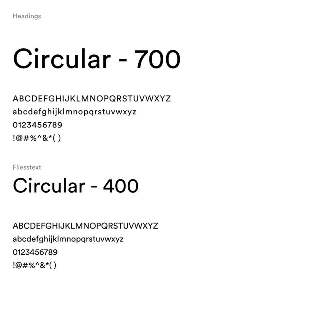 Typografie-Übersicht von Intelitec mit der Schrift Circular: Überschriften in Circular Bold (700) und Fließtext in Circular Regular (400), jeweils mit Beispielalphabet in Groß- und Kleinbuchstaben, Zahlen sowie Sonderzeichen auf hellem Hintergrund.