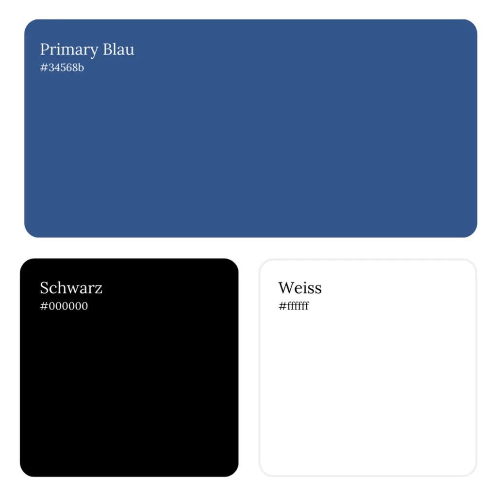 Farbpalette von Jacobs Beratung mit Primärblau (#34568b) als Hauptfarbe sowie Schwarz (#000000) und Weiß (#ffffff); klare, ruhige Farbgebung für einen seriösen und vertrauenswürdigen Markenauftritt.
