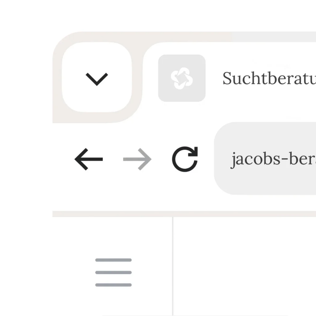 Browser-Ansicht der Website Jacobs Beratung: links die Browser-Navigation mit Zurück-, Vorwärts- und Aktualisieren-Symbolen, rechts in der Adressleiste das graue Favicon-Icon von Jacobs Beratung sowie der Seitentitel „Suchtberatung“. Minimalistisches, helles Interface-Design.