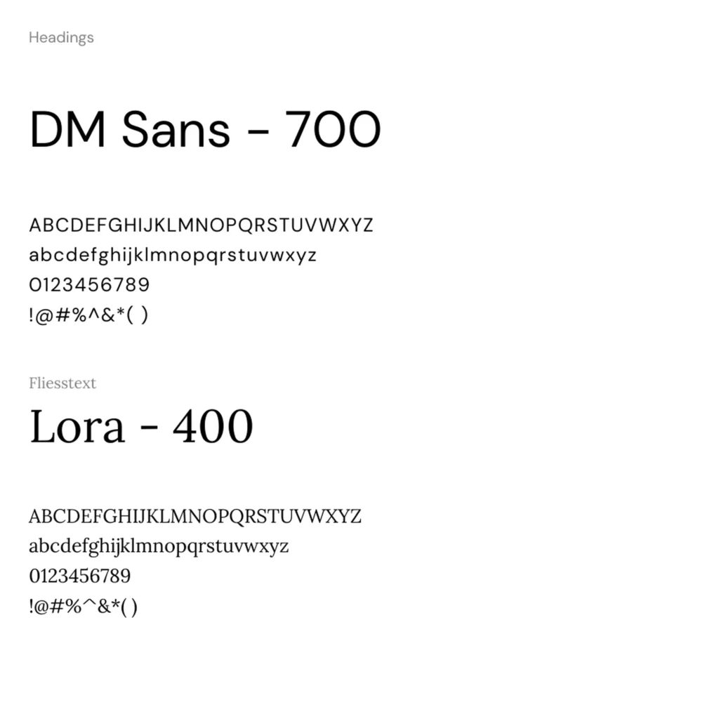 Typografische Übersicht für Jacobs Beratung: Überschriftenschrift DM Sans in Gewicht 700 mit Alphabet, Zahlen und Sonderzeichen; Fließtextschrift Lora in Gewicht 400, ebenfalls mit vollständigem Zeichensatz. Kombination aus moderner Sans-Serif für Headlines und klassischer Serif für gut lesbaren Fließtext.