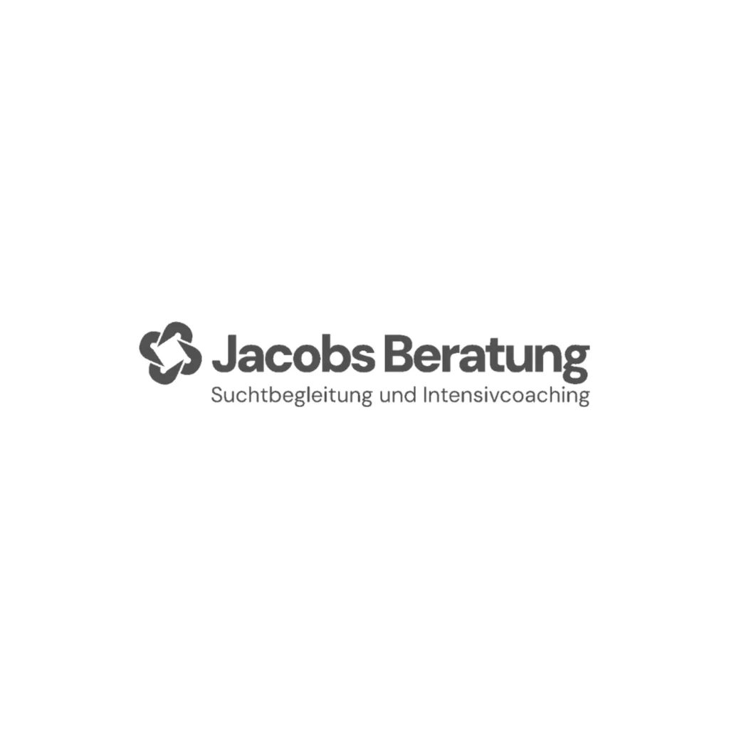 Logo von Jacobs Beratung mit abstraktem Symbol und Wortmarke; graue Typografie auf hellem Hintergrund, ergänzt durch den Claim „Suchtbegleitung und Intensivcoaching“ für einen seriösen, vertrauensvollen Auftritt.