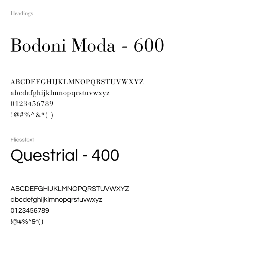 Typografiekonzept von Kazem: Überschriften in Bodoni Moda (Gewicht 600) und Fließtext in Questrial (Gewicht 400), jeweils mit Alphabet, Zahlen und Sonderzeichen zur Darstellung der Schriftstile.