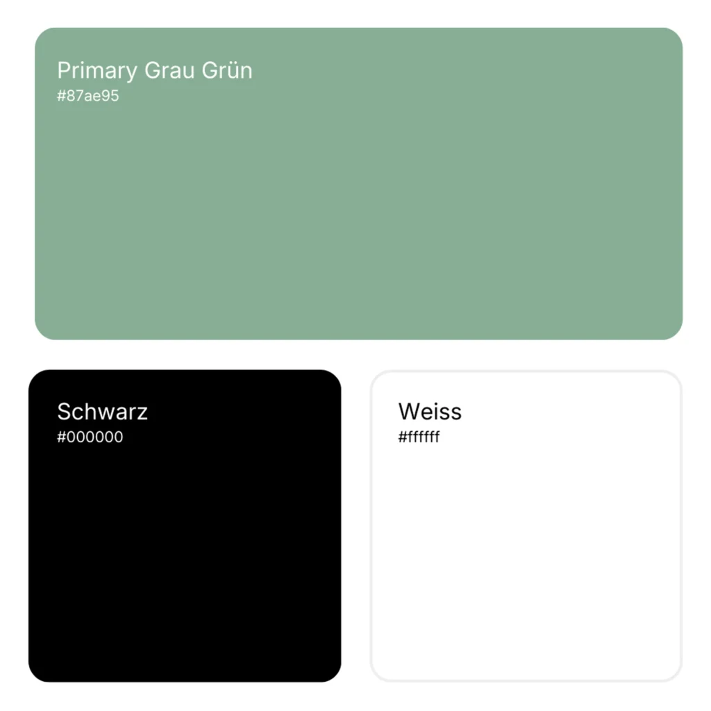 Farbpalette mit grau gruener Primaerfarbe sowie schwarz und weiss als Kontrastfarben.