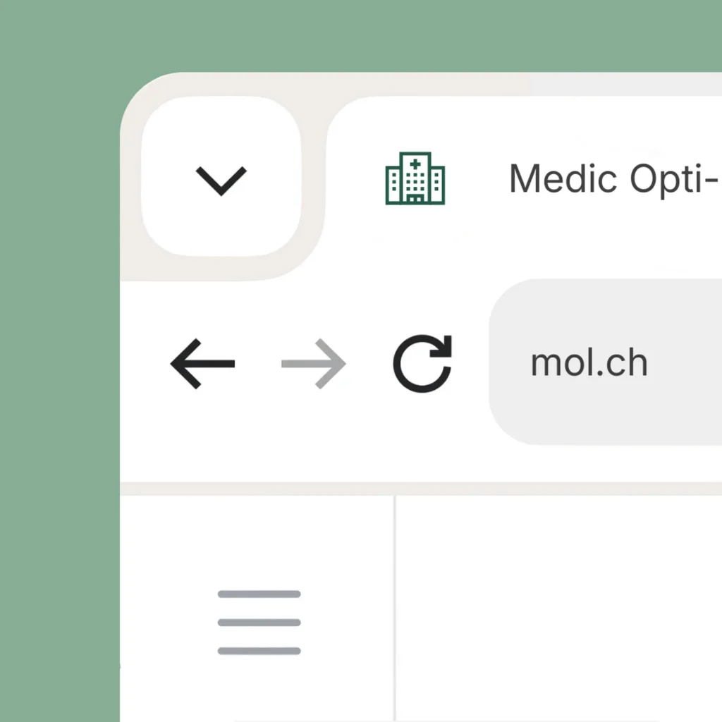 Benutzeroberflaeche mit Dropdown Symbol Navigationspfeilen Aktualisieren Icon Suchfeld und Menuesymbol fuer die Medic Opti Line Webseite.