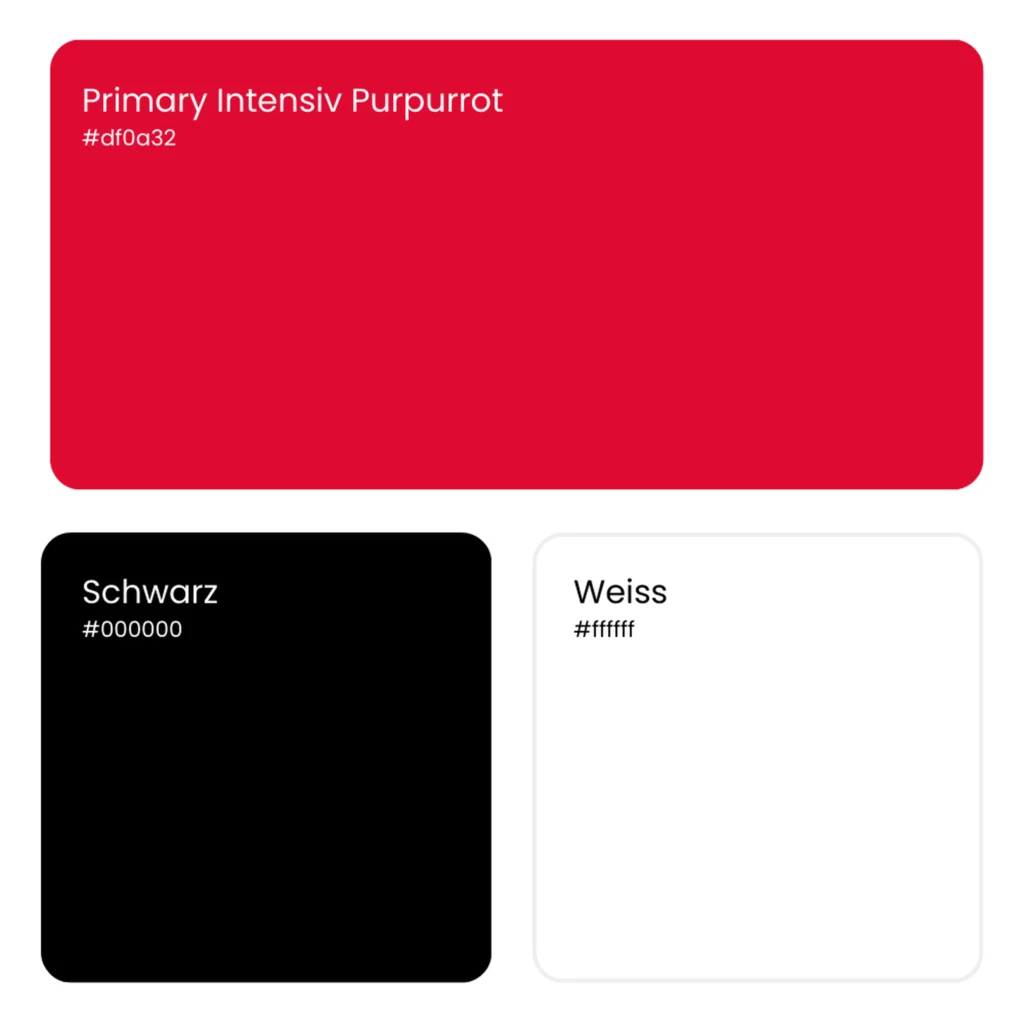 Farbpalette von Movementum AG: Primärfarbe Intensiv Purpurrot (#df0a32), ergänzt durch Schwarz (#000000) und Weiß (#ffffff), dargestellt als farbige Flächen mit abgerundeten Ecken.