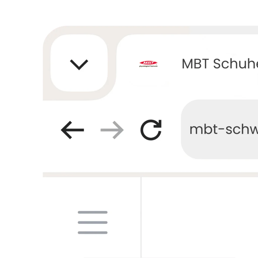 Benutzeroberflaeche mit Dropdown Symbol Navigationspfeilen Aktualisieren Icon Suchfeld und Menuesymbol fuer die MBT Schuhe Webseite.