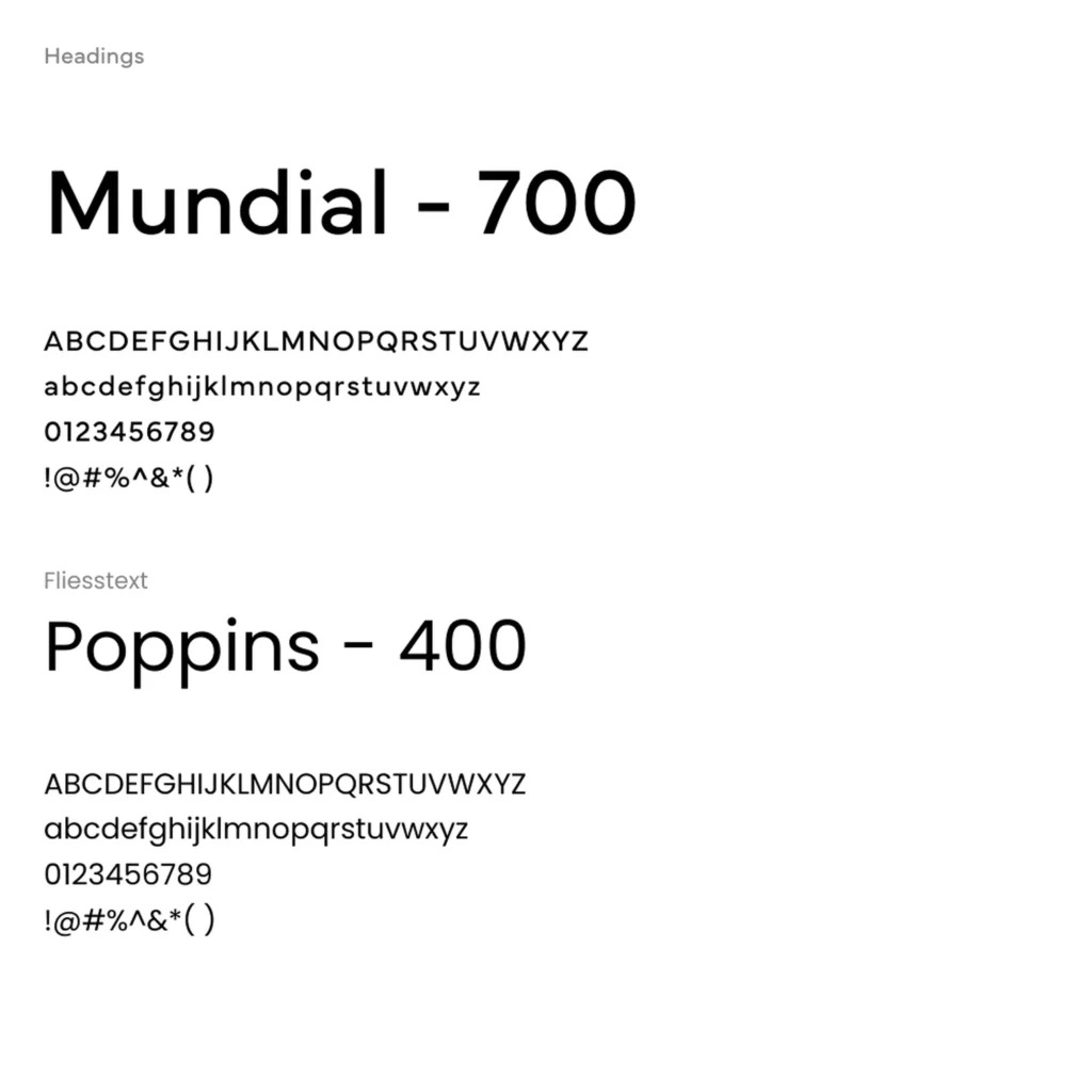 Typografiestil von Movementum AG: Überschriftenschrift Mundial in Stärke 700 und Fliesstextschrift Poppins in Stärke 400, jeweils mit Beispielalphabet, Zahlen und Sonderzeichen.