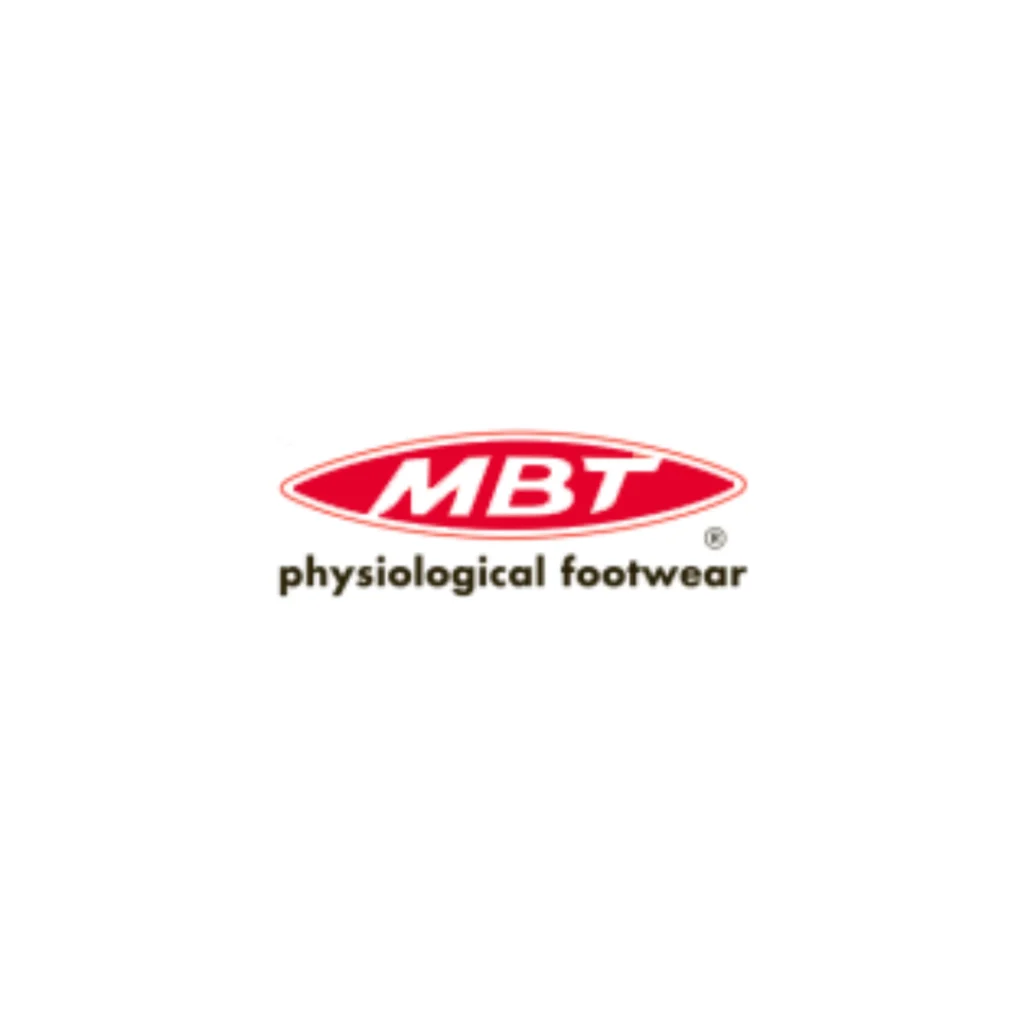 Logo von MBT – physiological footwear: Rotes, ovales Emblem mit weißer Aufschrift „MBT“, darunter der Claim „physiological footwear“ in schwarzer Schrift auf weißem Hintergrund.