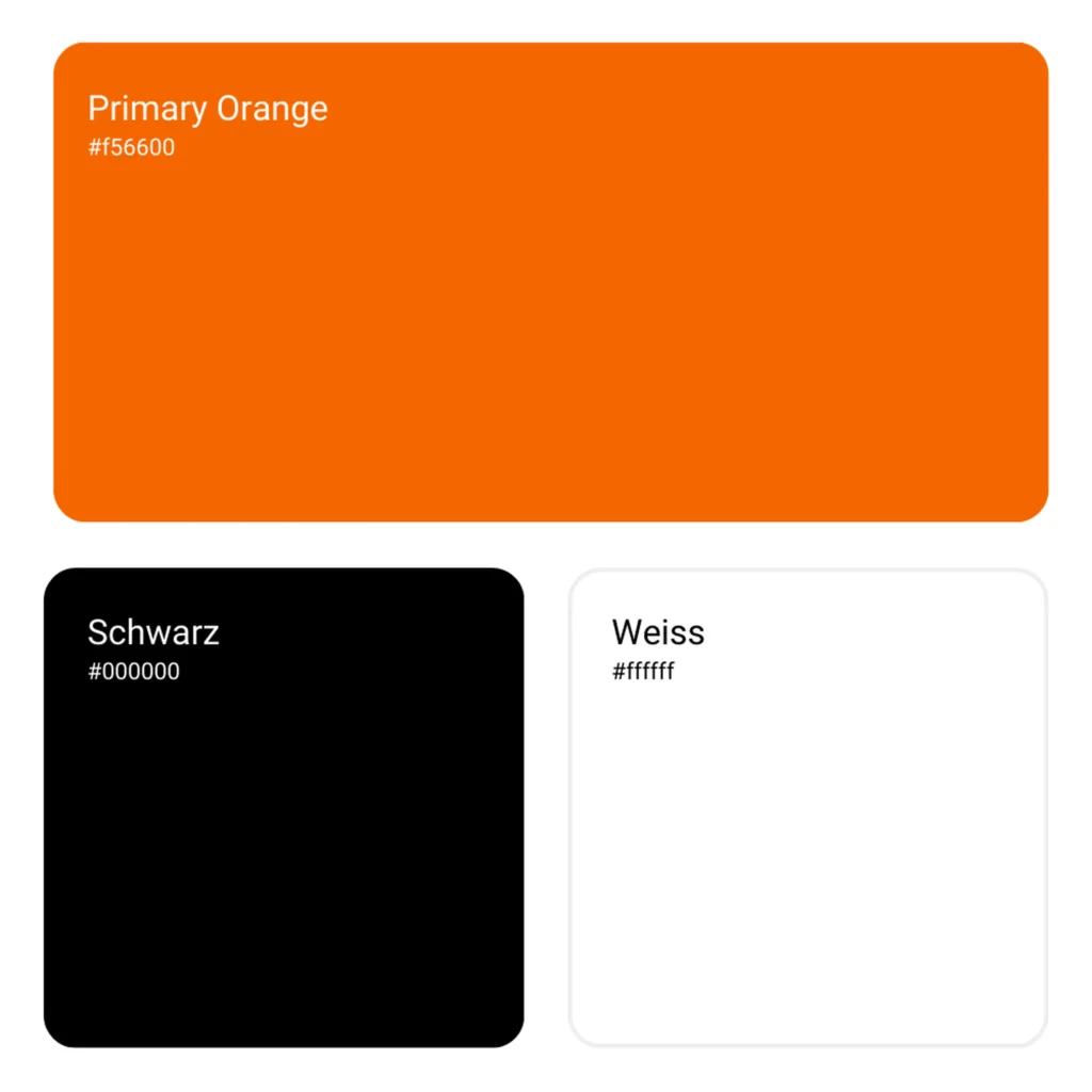 Farbpalette mit primaer orange schwarz und weiss in abgerundeten flaechen mit farbbezeichnungen