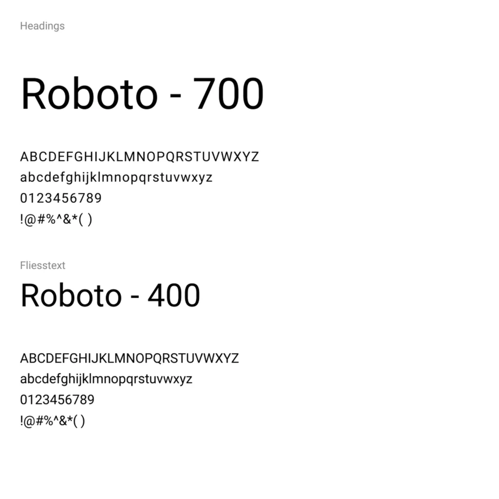 Typografie Uebersicht mit Schrift Roboto fuer Headings und Fliesstext in verschiedenen Schriftschnitten mit Alphabet und Zahlen