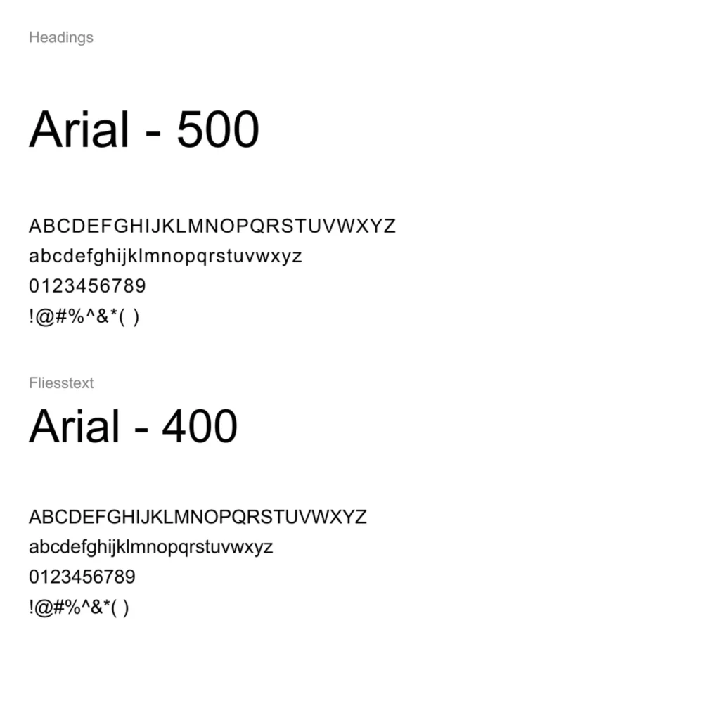 Typografieübersicht von Orgelbau Graf AG: Schriftart Arial für Überschriften in Gewicht 500 sowie für Fliesstext in Gewicht 400, dargestellt mit Groß- und Kleinbuchstaben, Zahlen und Sonderzeichen.