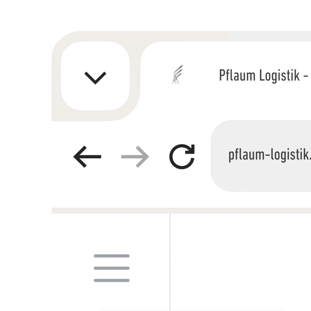 Ausschnitt einer Browseroberflaeche mit Navigationselementen und Adressleiste der Webseite Pflaum Logistik.