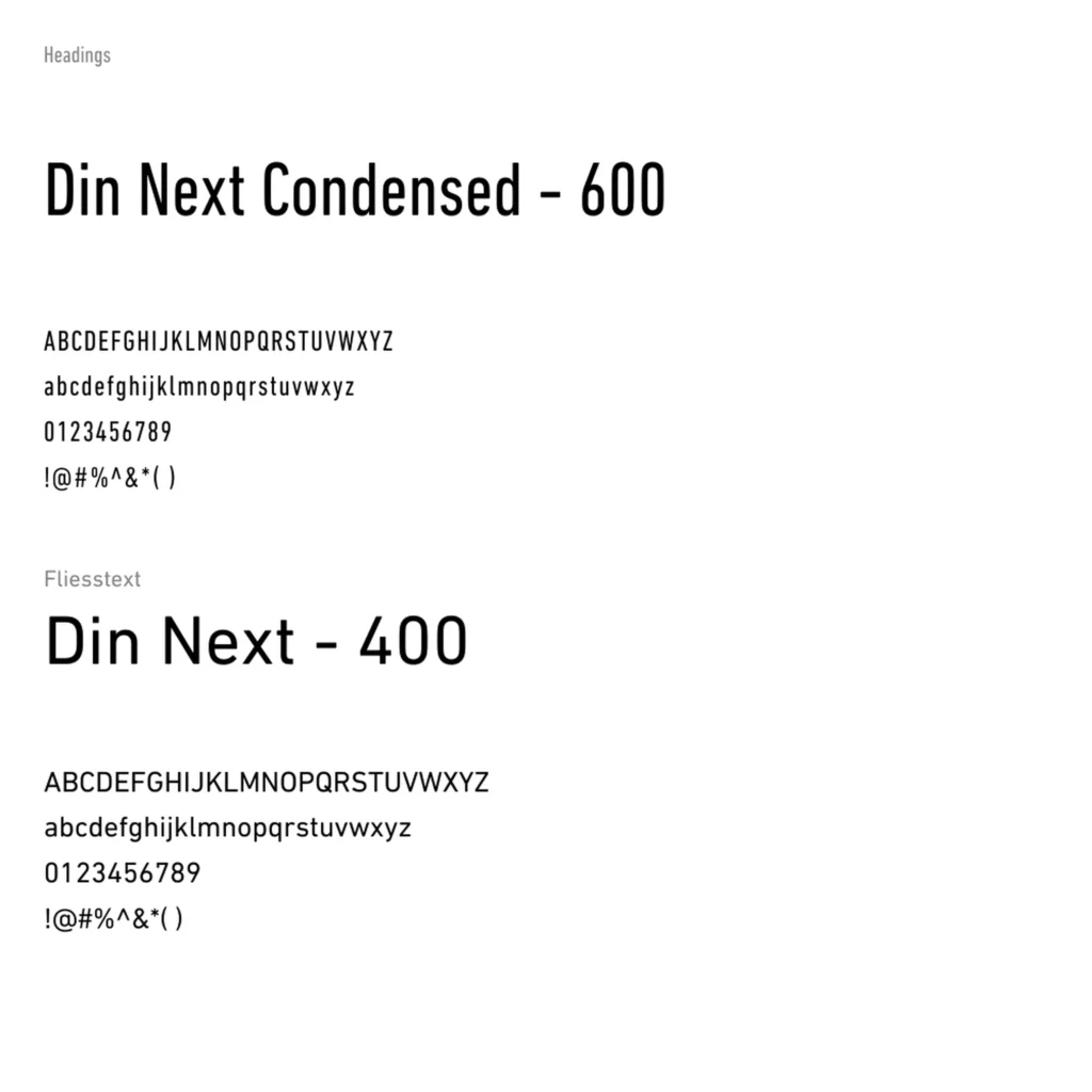 Typografie Uebersicht mit Din Next Condensed fuer Ueberschriften und Din Next fuer Fliesstext jeweils mit Beispielalphabet Zahlen und Zeichen.