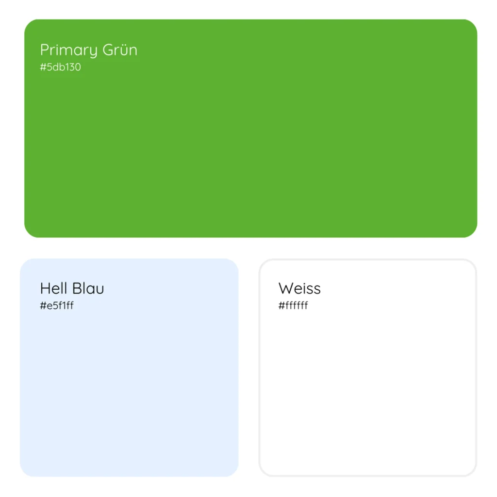 Farbpalette von Rentanesth: Kräftiges Primärgrün (#5db130) als Hauptfarbe, ergänzt durch ein sehr helles Blau (#e5f1ff) und Weiß (#ffffff). Die Palette wirkt frisch, ruhig und medizinisch-professionell.
