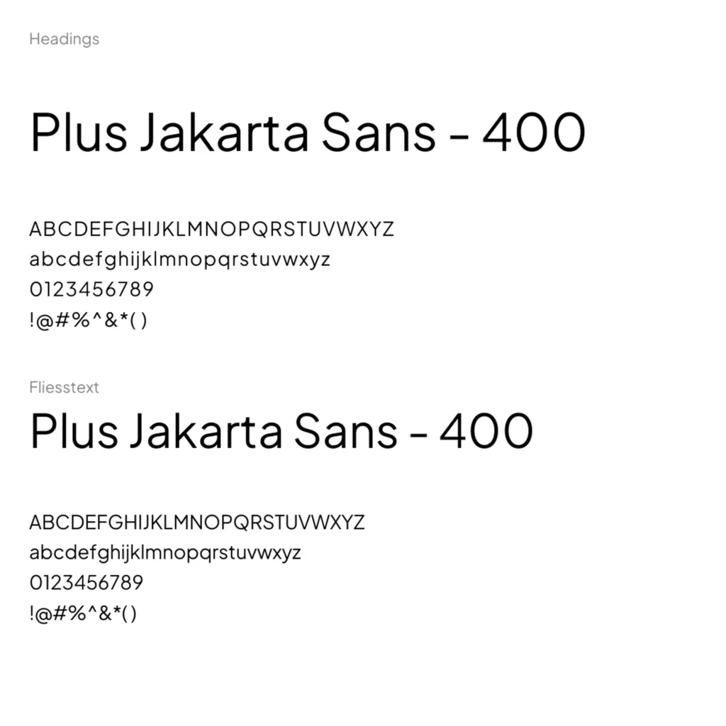 Typografieübersicht von Rolf Meier Reisen mit der Schrift Plus Jakarta Sans in Gewicht 400, dargestellt für Überschriften und Fliesstext inklusive Groß- und Kleinbuchstaben, Zahlen sowie Sonderzeichen.