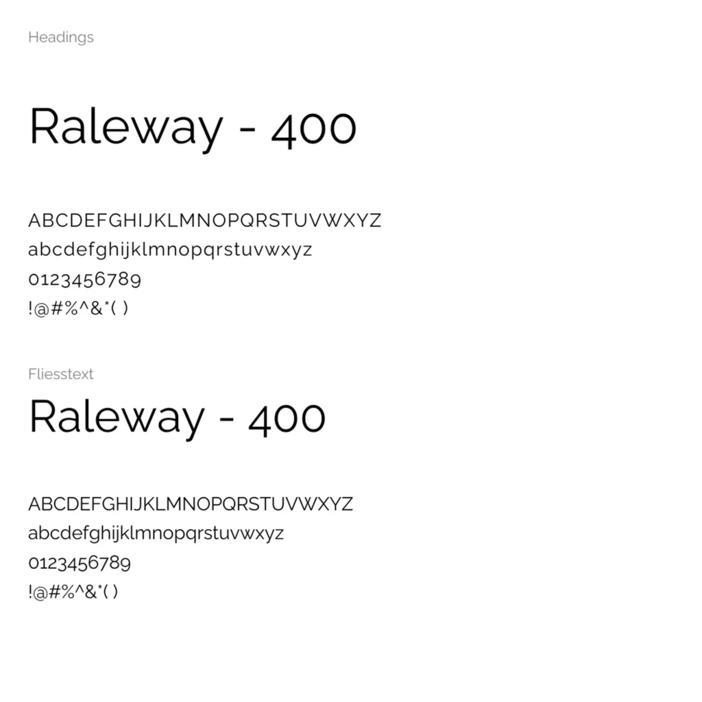 Typografische Übersicht der Schriftart Raleway in Regular (400): oben als Überschrift „Raleway – 400“, darunter Muster mit Gross- und Kleinbuchstaben, Zahlen sowie Sonderzeichen. Darunter derselbe Schriftschnitt nochmals als Fliesstext mit identischen Zeichenbeispielen.