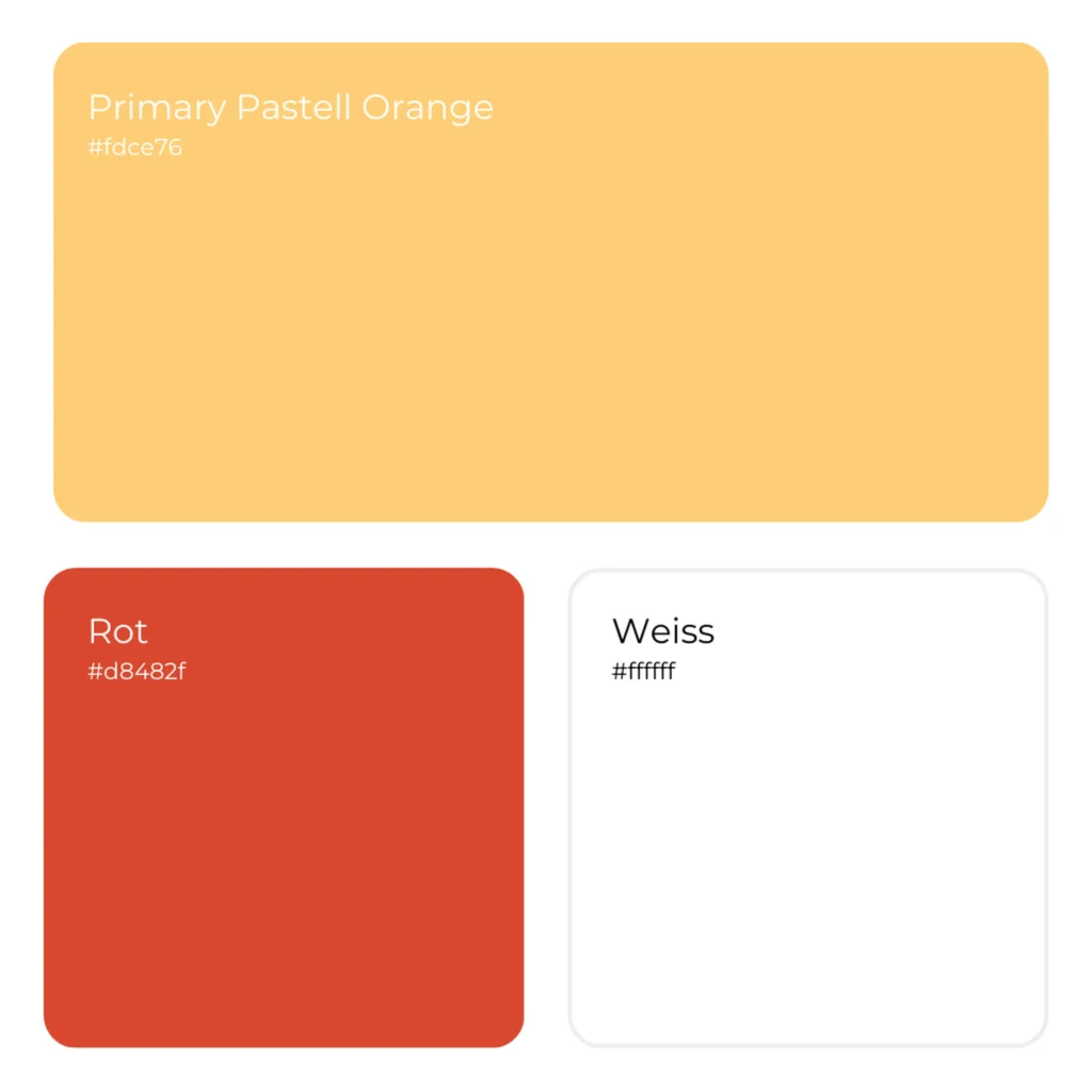 Farbpalette mit pastellfarbener orangener Primaerfarbe sowie rot und weiss als Kontrastfarben.