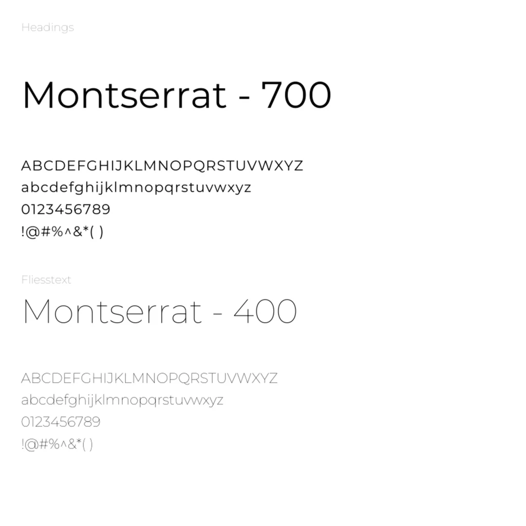 Typografie Uebersicht mit Schrift Montserrat fuer Headings und Fliesstext in verschiedenen Schriftschnitten mit Alphabet und Zahlen